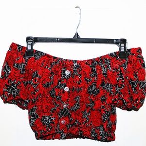 Off the Shoulder Red Black Abstract Print Crop Top